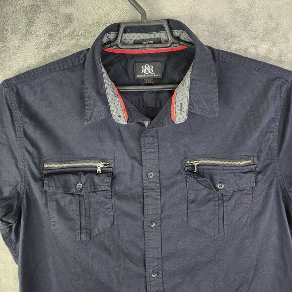 Men's Black Rock & Republic Shirt Stretch Short Sleeve Zip Pockets Button Up XXL - Picture 4 of 12
